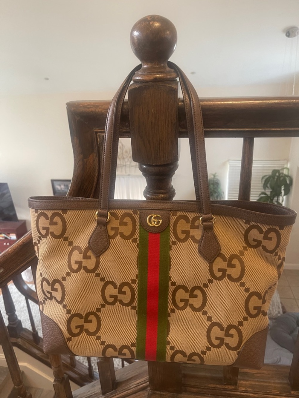 Gucci Beige/Brown GG Supreme Canvas Tote with Green-Red Web Stripe